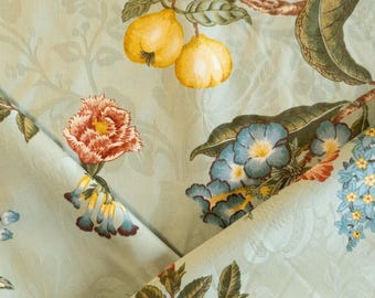 Tela de tapicería de damasco vintage con flores y frutas en verde azulado, cortada a medida
