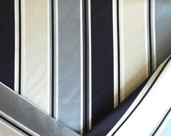 Navy and cream striped fabric with satin finish, fabric by the yard