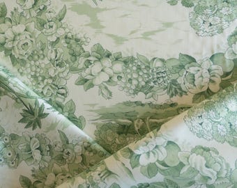 Vintage green and cream floral toile fabric by the yard