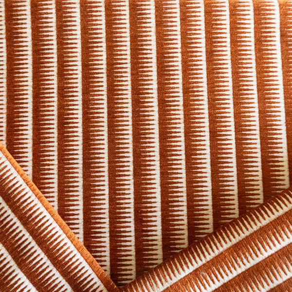 Designer copper & cream velvet striped upholstery fabric by the yard