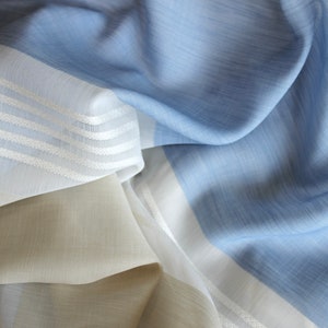 Blue and tan striped sheer fabric by the yard