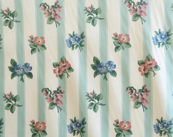 Vintage Waverly teal blue and white striped floral cotton sateen fabric by the yard