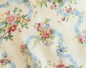 Vintage blue and cream floral "Shaftbury Ribbon" pattern designer Lee Jofa fabric by the yard