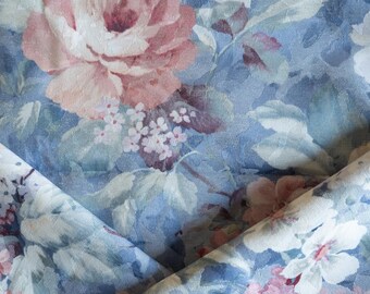 Vintage blue floral upholstery and drapery fabric by the yard