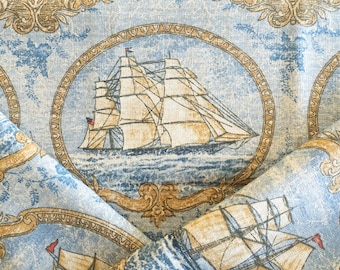 Vintage blue and gold sailboat portrait nautical print fabric by the yard