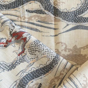 Fergy gray, off white, and red dragon upholstery fabric remnant one yard
