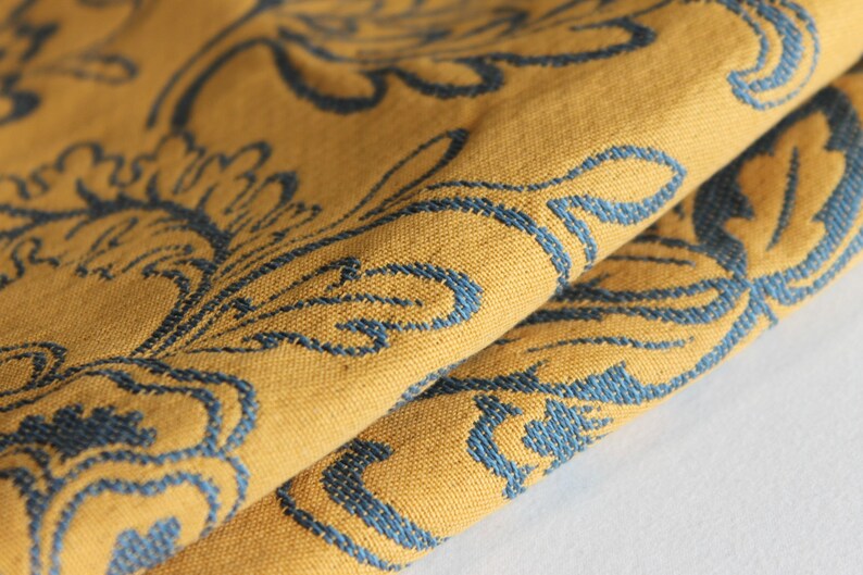 Mustard Yellow and Blue Floral Patterned Fabric by the Yard, Pillow