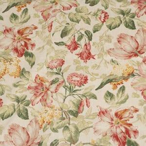 May include: A fabric featuring a repeating floral pattern on an off-white background. The design includes large pink and red blossoms, clusters of small yellow flowers, and green leaves on thin stems, creating a dense botanical arrangement.
