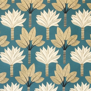 May include: A teal blue fabric with a repeating pattern of stylized palm trees. The trees are white with gold accents and have a black trunk with gold stripes.