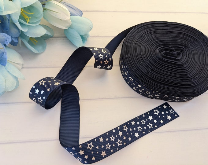 Navy Blue Ribbon, Silver Star Ribbon, Grosgrain Ribbon, Baby Hair Bow ...