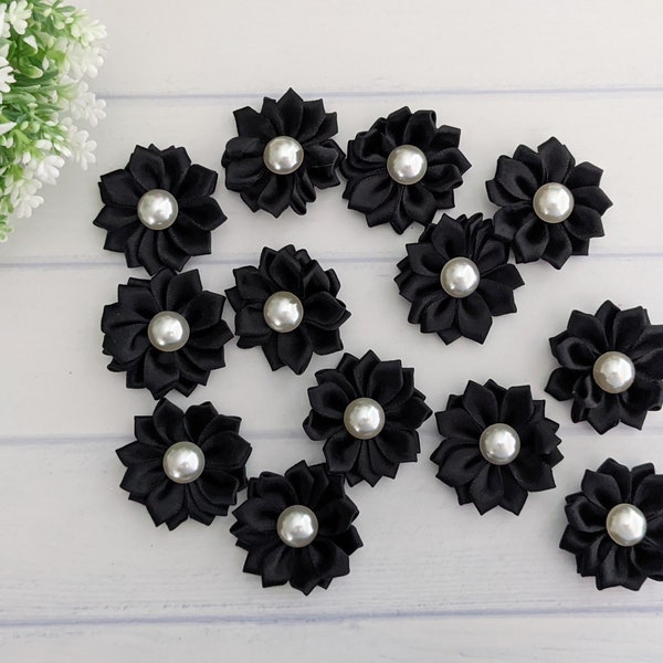 Black Satin Ribbon Flowers, Small Fabric Flowers Supply, Black Kanzashi Flowers, Baby Headband Flower Supply, Infant Hair Flower Black