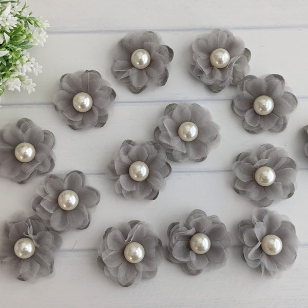 Light Gray Chiffon Fabric Flowers, DIY Craft Flowers, Baby Hair Band Supply, Infant Headband Flowers, Grey Fabric Flowers, Chiffon Floral