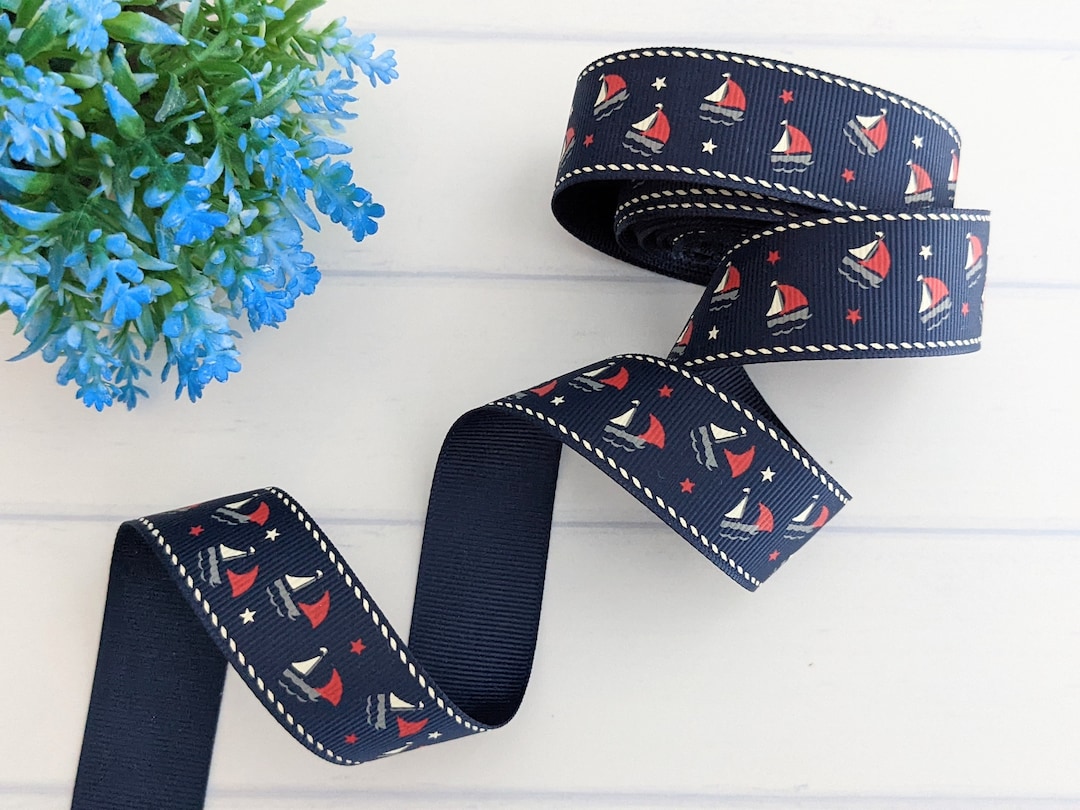 Navy Blue Sailboat Grosgrain Ribbon, 1 Inch Boat Ribbon, Gift Wrap ...