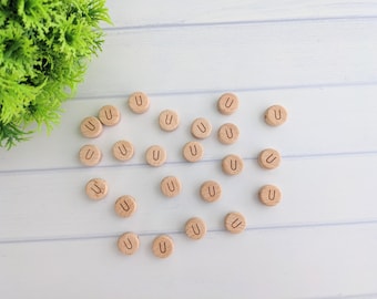 Wooden Alphabet Bead 10 pc, Wood Letter U Bead, Letter U Jewelry, Natural Beech Wood Alphabet Bead, Letter U Round Wood Bead With Hole