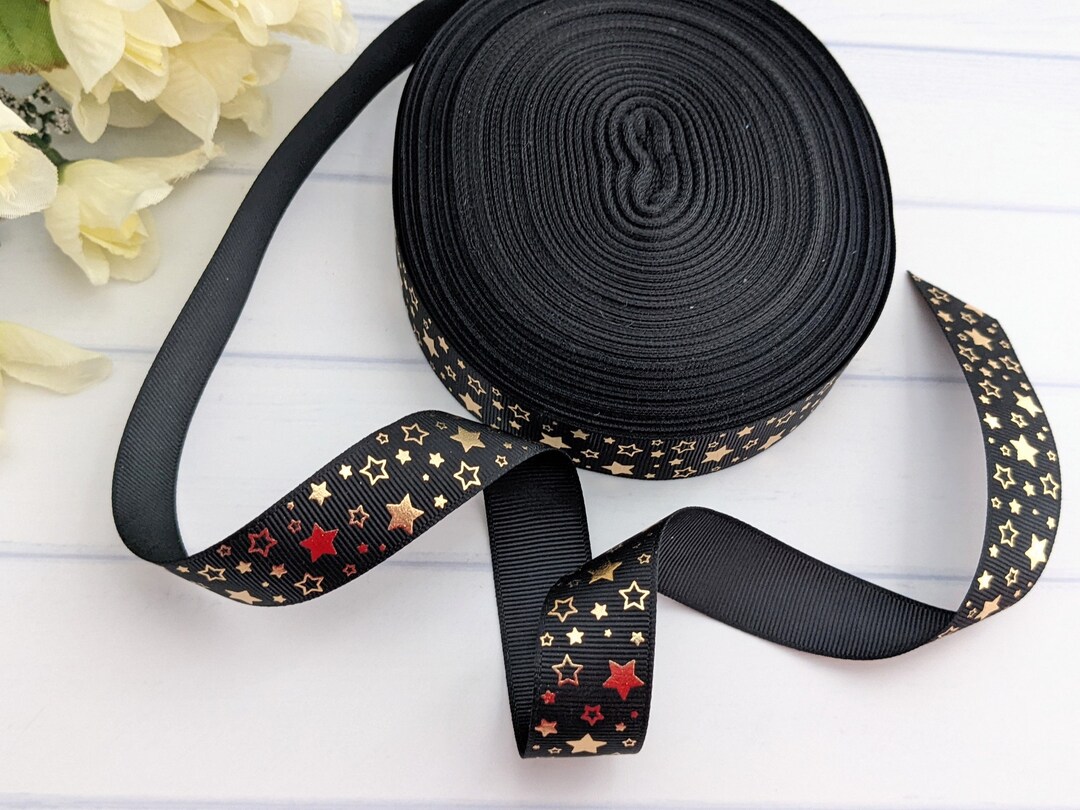 Gold Star Ribbon, Grosgrain Gift Wrap 5 Yd, Black Ribbon With Gold ...