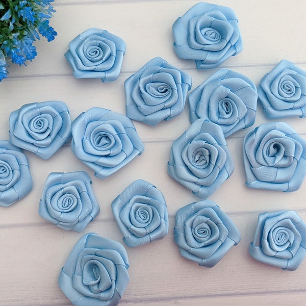 Light Blue Rolled Flower, Satin Ribbon Fabric Flower, DIY Craft Flower Blue, Baby Headband Flower, Infant Hair Bow Rose, Rolled Rosette