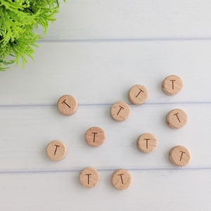 Letter T Wood Bead 10pc, Alphabet Wooden Bead, Natural Beech Wood Bead, Wooden Round Bead, Jewelry Wood Bead With Hole, Round Wood Alphabet