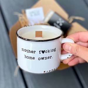 Funny New Homeowner Mug Candle: Vegan Soy Wax, Wood Wick