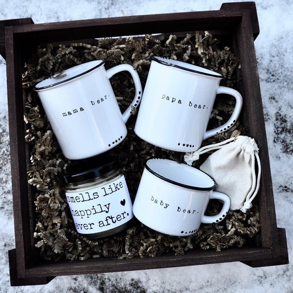 New Mom Gift Basket: Mama, Papa, Baby Mugs & Soy Candle