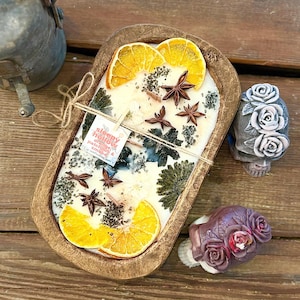 Bougie creuse endormie dans un bol avec mèches en bois et bougie parfumée à la cire de soja, cadeau de pendaison de crémaillère personnalisé, bougie de ferme, halloween