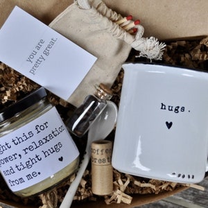 Hug in a box thinking of you gift with mug and candle care package, sending hugs get well soon gift box, sympathy gift, sending a hug