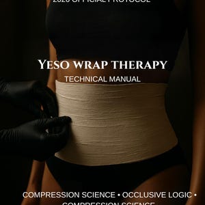 May include: A person wearing a black top and bottoms has a beige wrap around their midsection. The text on the image reads "YESO WRAP THERAPY TECHNICAL MANUAL" and "2026 OFFICIAL PROTOCOL". The bottom of the image reads "COMPRESSION SCIENCE • OCCLUSIVE LOGIC • COMPRESSION SCIENCE".
