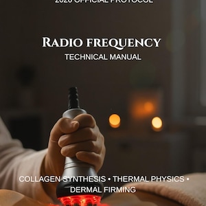 Puede incluir: Imagen de un Manual Técnico de Radiofrecuencia con el texto "2026 OFFICIAL PROTOCOL". Una mano sostiene un dispositivo plateado con una luz roja, con el texto "COLLAGEN SYNTHESIS • THERMAL PHYSICS • DERMAL FIRMING".