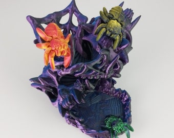 Nightmare dice tower with 6 dice and 3 spiders - tabletop - board game accessories - magical 3D printed gadget