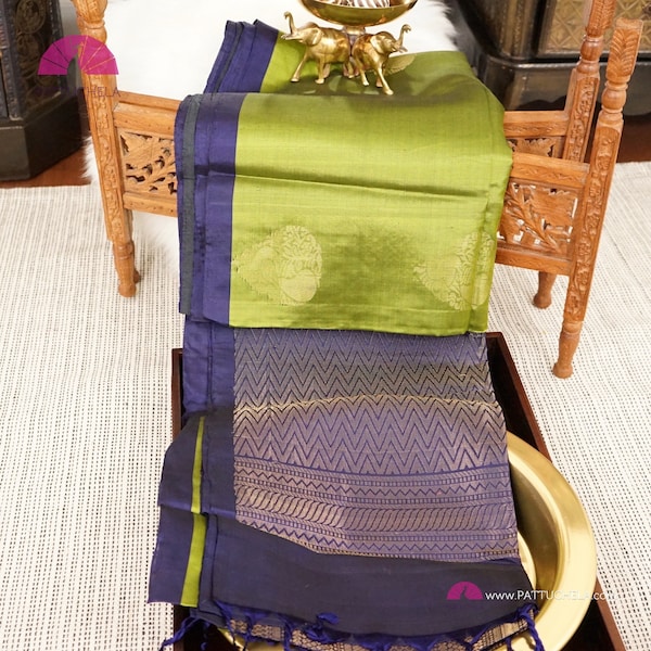 Green with Blue Pure Kanchipuram Handloom Soft Silk Saree | LightWeight Saree | SILK MARK CERTIFIED | Kanjivaram Silks