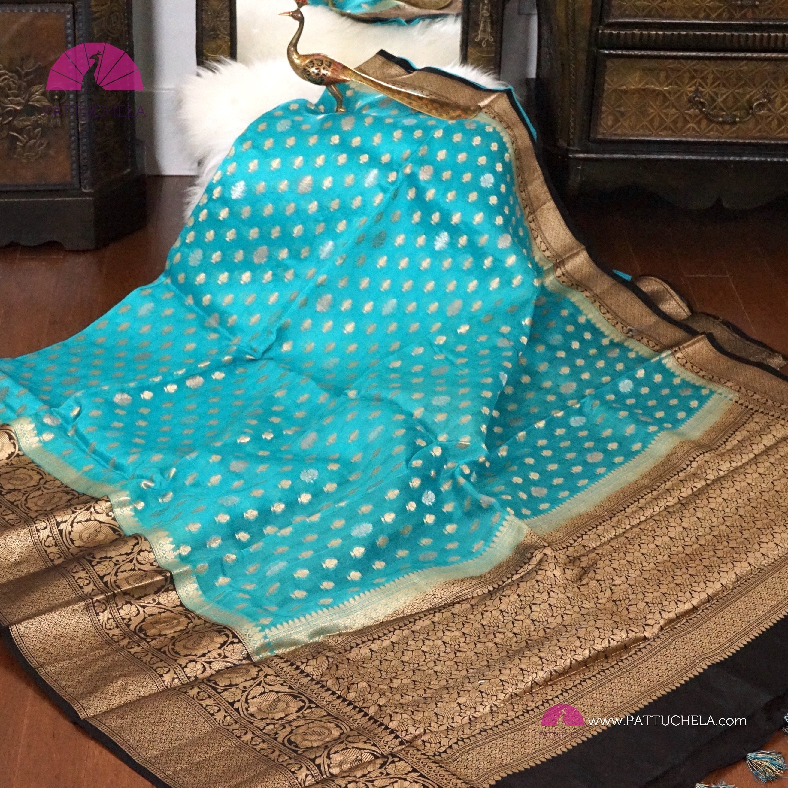 Banarasi , Kora Muslin Saree - Blue x Magenta (copper zari) main image 1