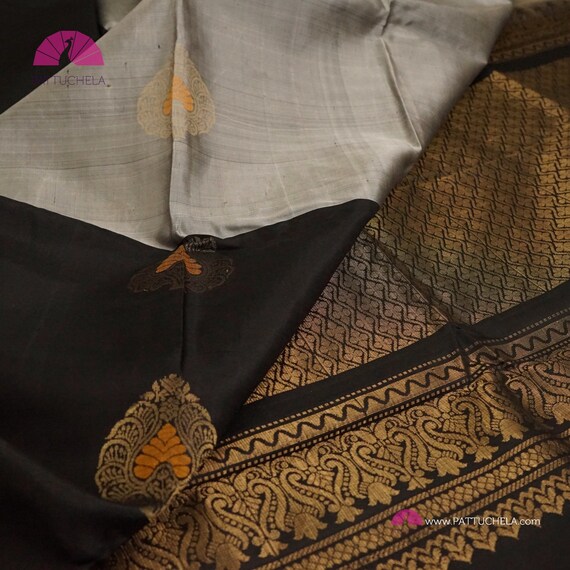 Half And Half Kanchipuram Soft Silk Saree In Black And Grey Etsy