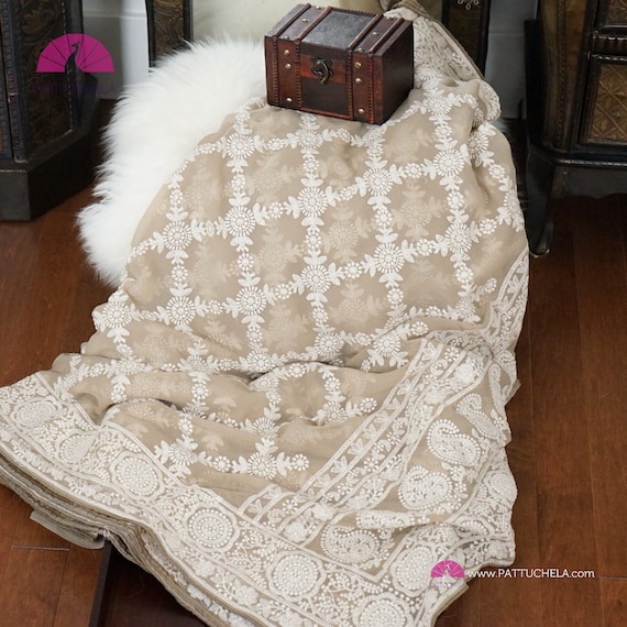 Lucknawi Georgette Chikankari Saree in Warm Taupe Colour With