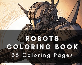 Könnte beinhalten: Detaillierte Illustration eines Roboters aus einem Malbuch. Der Roboter ist hauptsächlich grau mit blauen Akzenten und hat ein komplexes, mechanisches Design. Der Text "ROBOTS COLORING BOOK 35 Coloring Pages" ist zu sehen.