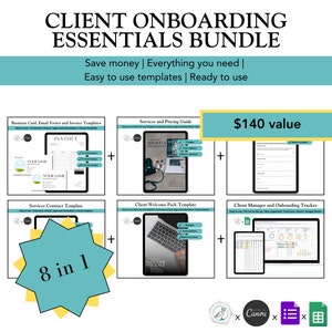 May include: A teal and yellow graphic with the text "8 in 1" in a star shape. The graphic is surrounded by images of eight different digital templates for business, including a business card, email footer, invoice, services and pricing guide, service contract, client welcome pack, and client manager and onboarding tracker. The text "£140 value" is in a teal box at the top of the image. The image also includes logos for Canva, Google Docs, and Google Sheets.