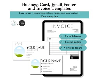 May include: A digital tablet screen displaying a Canva invoice template with a green checkmark next to the text "5 x card designs", "3 x email designs", and "4 x invoice designs". The invoice template is for a business card, email footer, and invoice. The template is easy to use and customizable with colors, logos, and information.