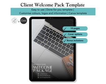 Puede incluir: Una maqueta de tableta digital que muestra una plantilla de paquete de bienvenida para clientes. La plantilla está diseñada para Canva e incluye 10 páginas, opciones de portada e inclusiones adicionales. El texto en la plantilla dice "BUSINESS NAME WELCOME PACKAGE youreemail.com www.yourwebsite.com youninstagramprofile".
