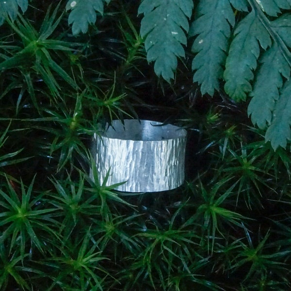 Woodlands Ring - Simple Recycled 925 Sterling Silver Hammered Bark Design Texture Wide Band Ring Unisex Scandi Nordic Wild