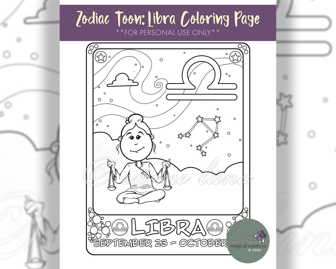 Libra Color Pages Zodiac Toon: LIBRA - Printable Coloring Page, JPEG + PDF - Etsy UK