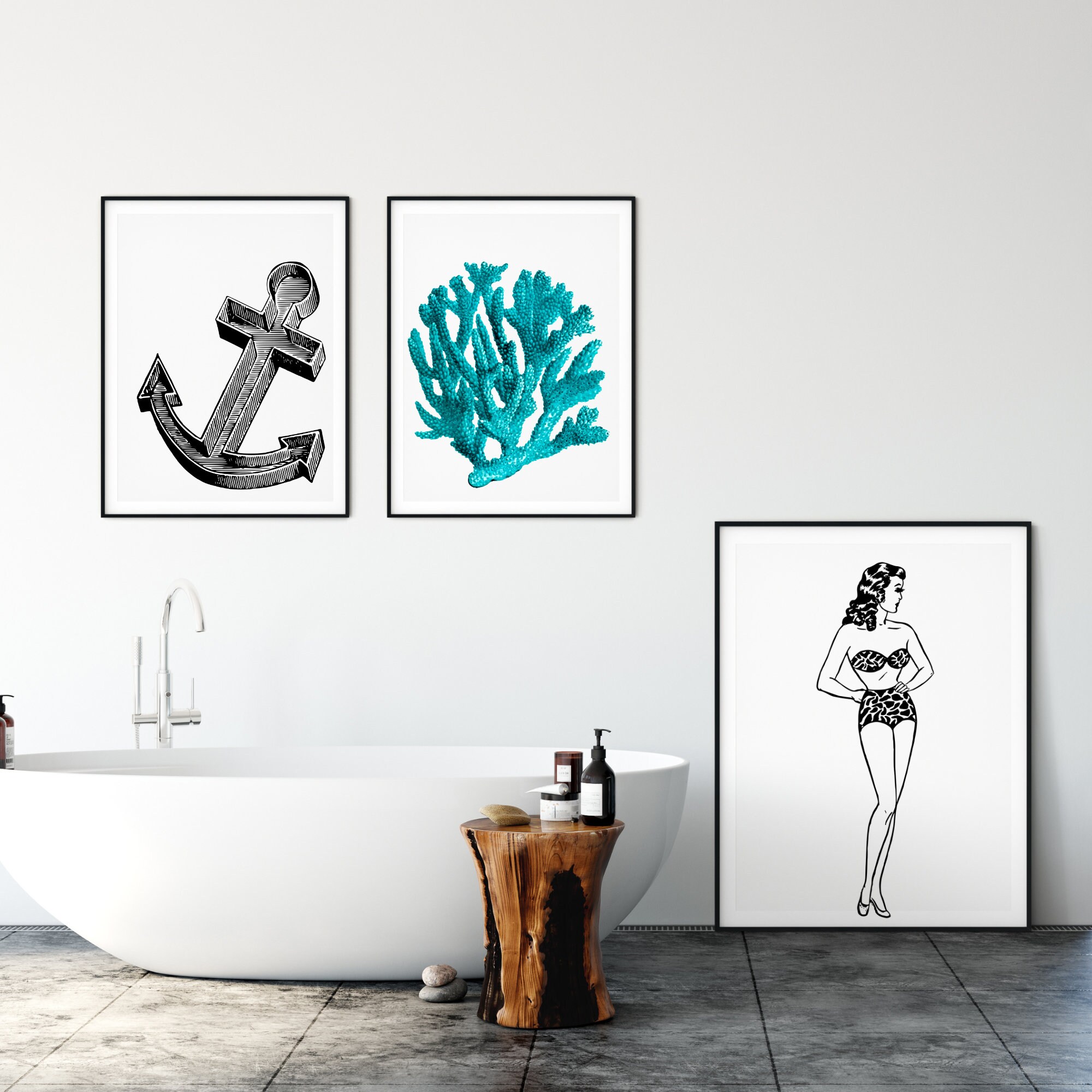 Printable Nautical Wall Art Bundle of 3 Trending, Retro Digital Art Prints. Minimalist Coastal ...