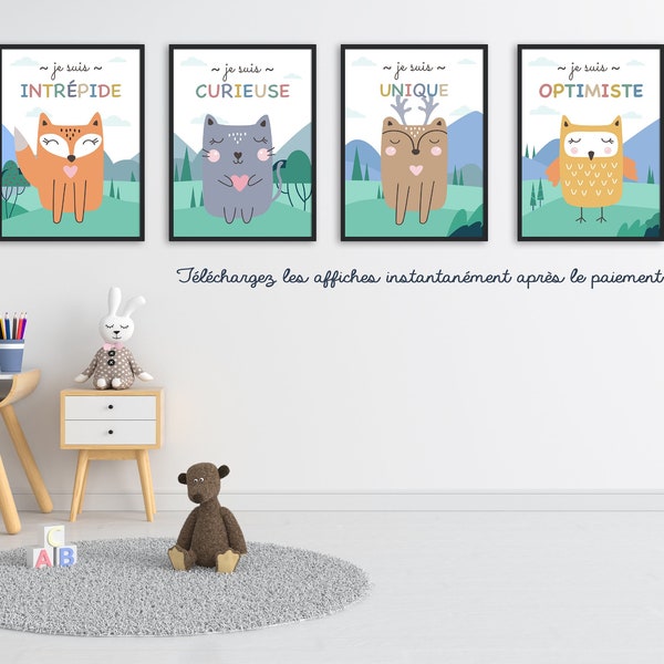 Art mural chambre d'enfant, 5 affiches d'animaux, décor de chambre de bébé - Cerf, Chat, Chatte, Chouette, Renard - Je suis Unique