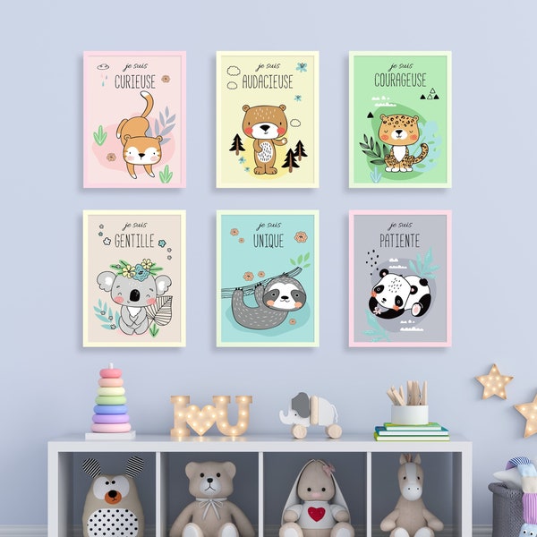 Kunst aan de muur kinderkamer, 11 verschillende illustraties om uit te kiezen, babykamer decor - Kat, Beer, Koala, Panda, Parsasus, Luipaard