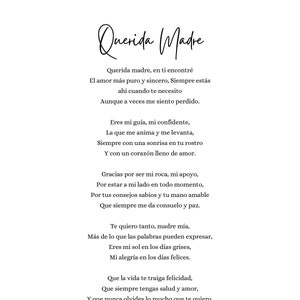 Querida Madre Poema A Poem to My Mom Mother's Day Poem Dia De Las Madres Poema Birthday Gift for Mom Poem in Spanish for My Mom image 1