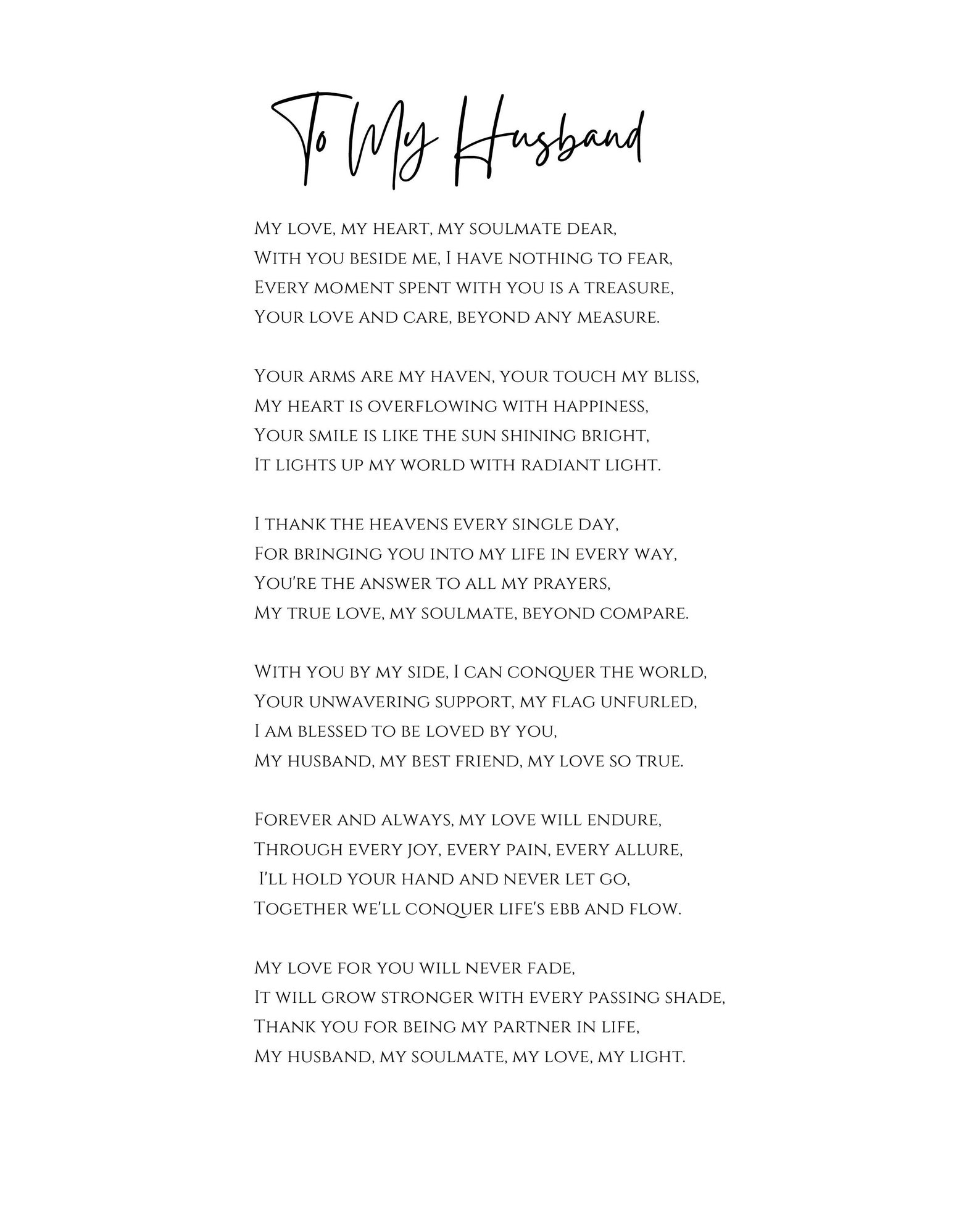 To My Husband Poem, to My Wife, to My Partner, Anniversary Gift ...
