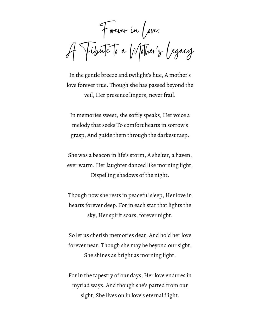 Memorial Poetry Eternal Love Tribute to a Mother's Legacy