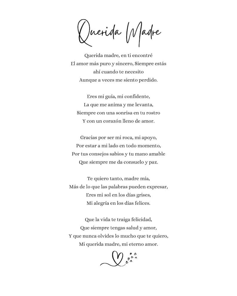 Querida Madre Poema A Poem to My Mom Mother's Day Poem Dia De Las Madres Poema Birthday Gift for Mom Poem in Spanish for My Mom image 1