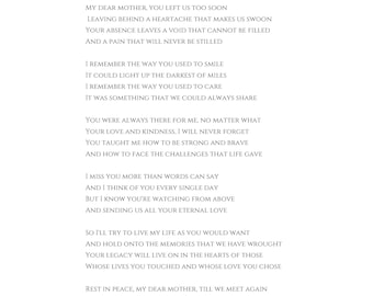 Mom, I Miss you ( Poem to my Mother that I lost)| Grief Poem| Mother&#39;s Day Gift| Sympathy Gift| Tribute to my Mom| In Memory of Mom