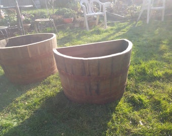 oak whiskey barrel flat back 40tall plants shrubs flowers roses veg