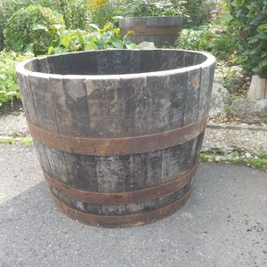 May include: A large, wooden planter made from a repurposed barrel. The barrel is dark brown and has metal bands around it. The planter is sitting on a grey asphalt surface.