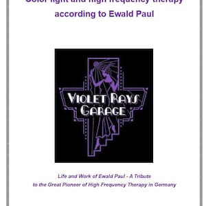 May include: A black and white image of a vintage logo for a business called "Violet Rays Garage". The logo features a woman in a purple dress holding a wand with a sun at the top. The text "Violet Rays Garage" is in a decorative font.