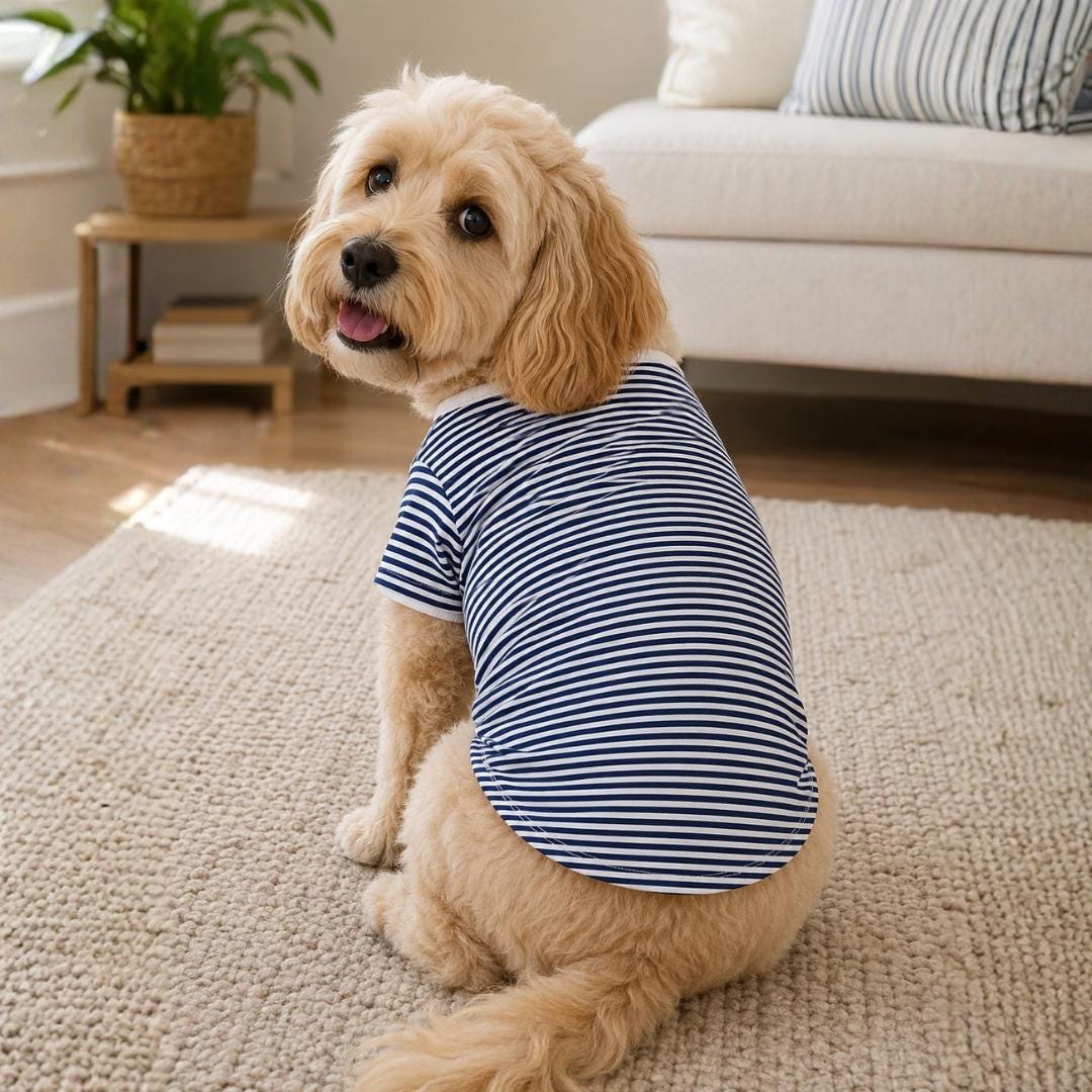 Dog Pajama Tee, Navy Stripe Cotton, Matching Dog + Owner PJs, Pet Pajamas for Family Photos, Knit & Dyed in USA - Midnight Sail